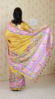 Yellow tussar silk blend zari woven printed saree 2