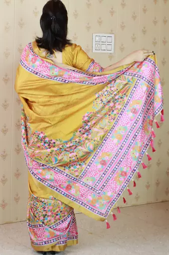 Yellow tussar silk blend zari woven printed saree
