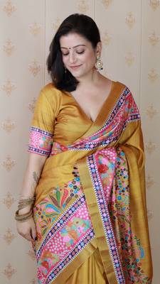 Yellow tussar silk blend zari woven printed saree 3