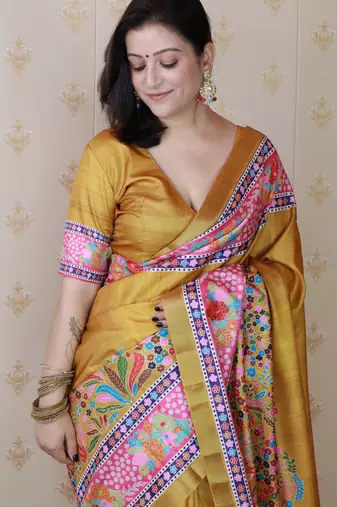 Yellow tussar silk blend zari woven printed saree