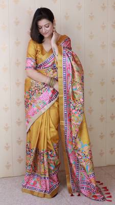 Yellow tussar silk blend zari woven printed saree 4