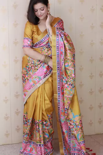 Yellow tussar silk blend zari woven printed saree