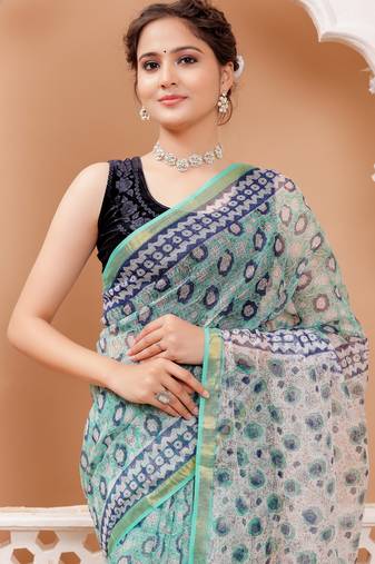 Green   rapid block print kota doria saree with blouse piece