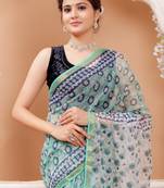 Green   rapid block print kota doria saree with blouse piece