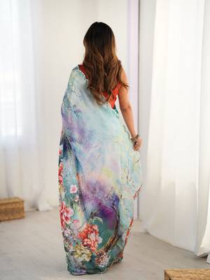 Sea green chinon printed saree 2