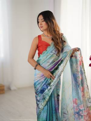 Sea green chinon printed saree 3