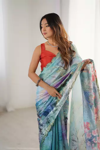 Sea green chinon printed saree