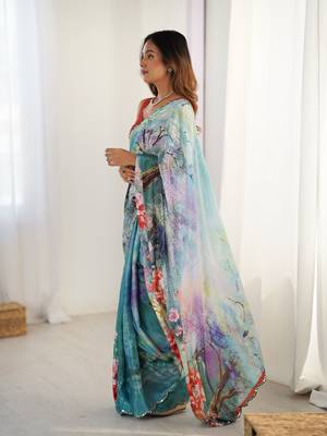 Sea green chinon printed saree 4