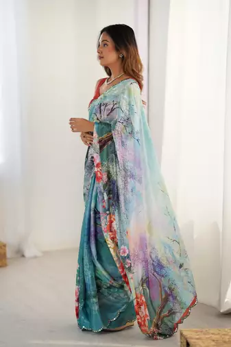 Sea green chinon printed saree