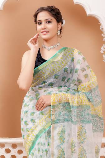 Green   rapid block print kota doria saree with blouse piece