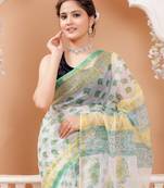 Green   rapid block print kota doria saree with blouse piece