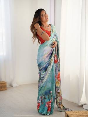 Sea green chinon printed saree 5