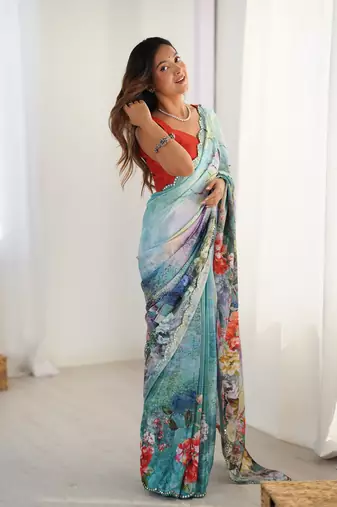 Sea green chinon printed saree