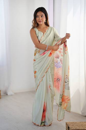Grey chinon printed saree