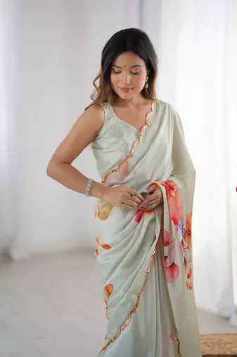 Grey chinon printed saree