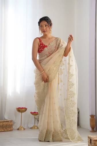 Beige nylone organza saree