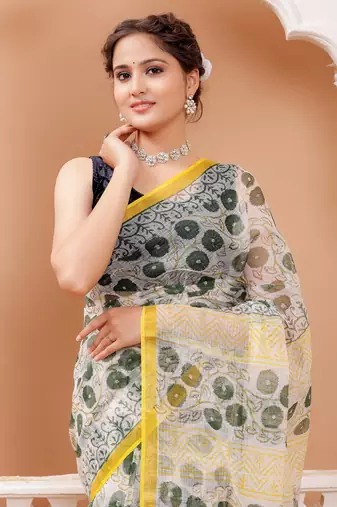 Black   rapid block print kota doria saree with blouse piece