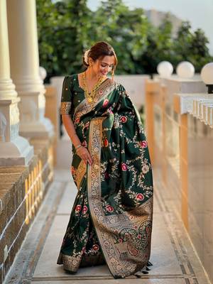 Green art faux banarasi silk blend meenakari woven saree 4