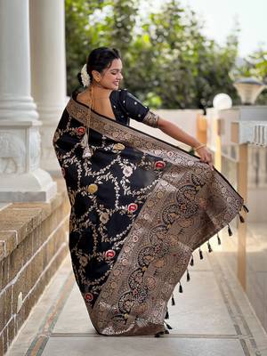 Black art faux banarasi silk blend meenakari woven saree 2