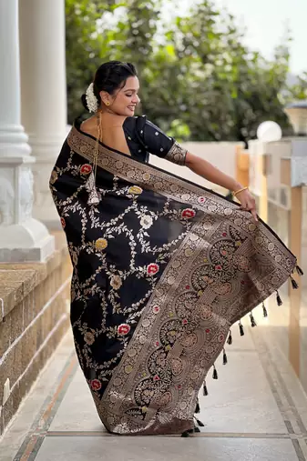 Black art faux banarasi silk blend meenakari woven saree