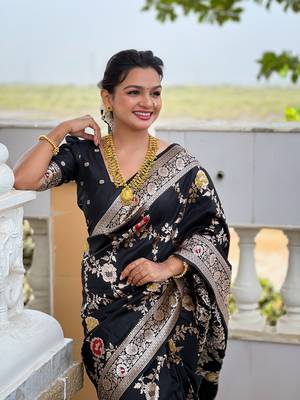 Black art faux banarasi silk blend meenakari woven saree 3