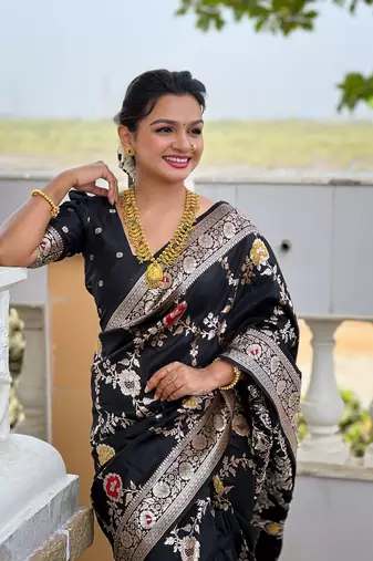 Black art faux banarasi silk blend meenakari woven saree