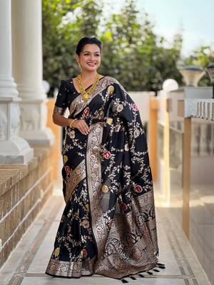 Black art faux banarasi silk blend meenakari woven saree 4