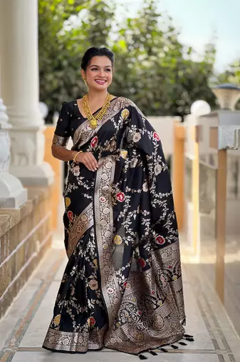 Black art faux banarasi silk blend meenakari woven saree