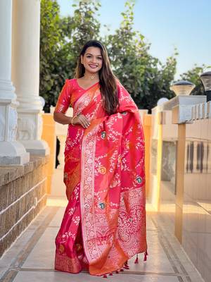 Gajri art faux banarasi silk blend meenakari woven saree 4
