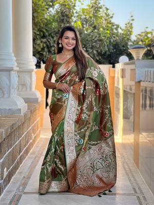 Mahendi art faux banarasi silk blend meenakari woven saree 1