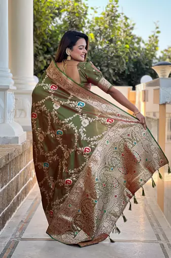 Mahendi art faux banarasi silk blend meenakari woven saree