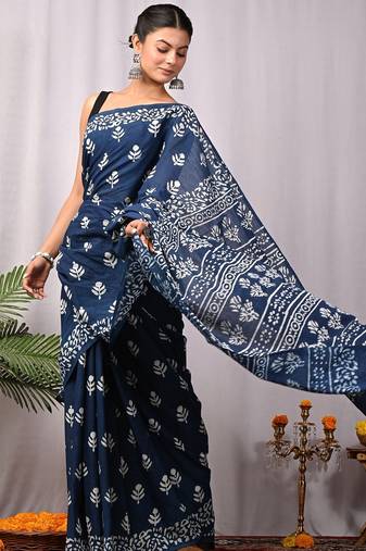 Navy blue   soft mulmul cotton dabu block print saree with blouse piece