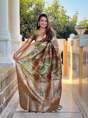 Mahendi art faux banarasi silk blend meenakari woven saree 4