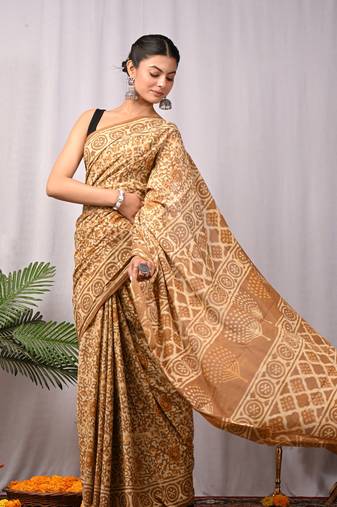 Mustard   soft mulmul cotton dabu block print saree with blouse piece
