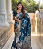 Teal blue art banarasi silk meenakari woven saree