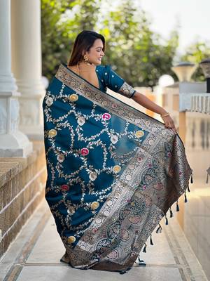 Teal blue art faux banarasi silk blend meenakari woven saree 2