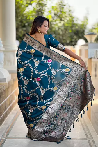 Teal blue art faux banarasi silk blend meenakari woven saree