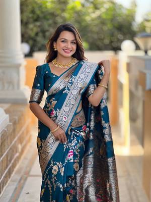Teal blue art faux banarasi silk blend meenakari woven saree 3