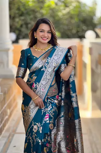 Teal blue art faux banarasi silk blend meenakari woven saree