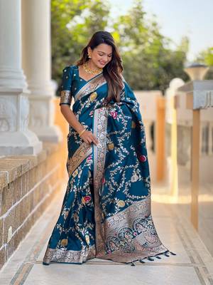 Teal blue art faux banarasi silk blend meenakari woven saree 4