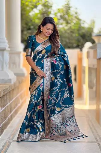 Teal blue art faux banarasi silk blend meenakari woven saree