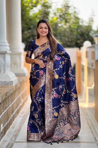 Navy blue art banarasi silk meenakari woven saree