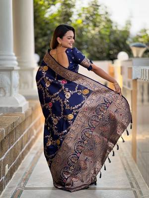 Navy blue art faux banarasi silk blend meenakari woven saree 2