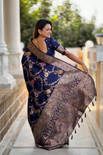 Navy blue art faux banarasi silk blend meenakari woven saree