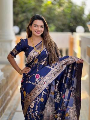 Navy blue art faux banarasi silk blend meenakari woven saree 3