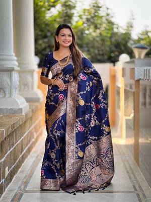Navy blue art faux banarasi silk blend meenakari woven saree 4