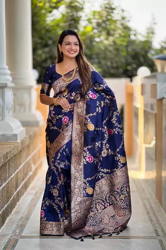 Navy blue art faux banarasi silk blend meenakari woven saree