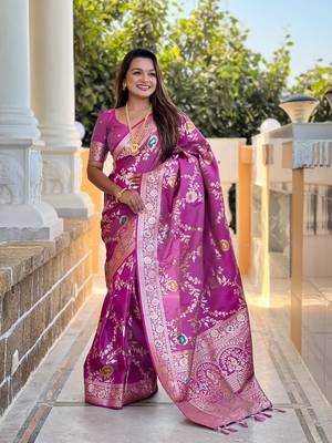 Onion art faux banarasi silk blend meenakari woven saree 1