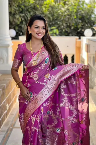 Onion art faux banarasi silk blend meenakari woven saree