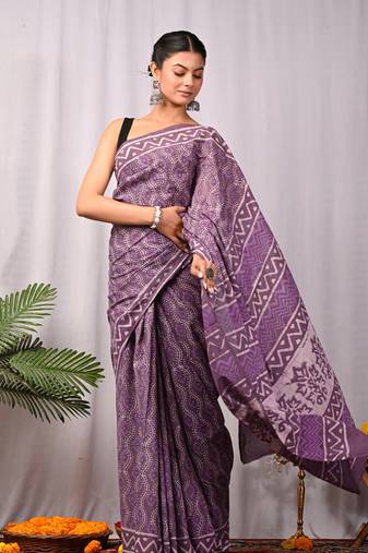 Purple   soft mulmul cotton dabu block print saree with blouse piece